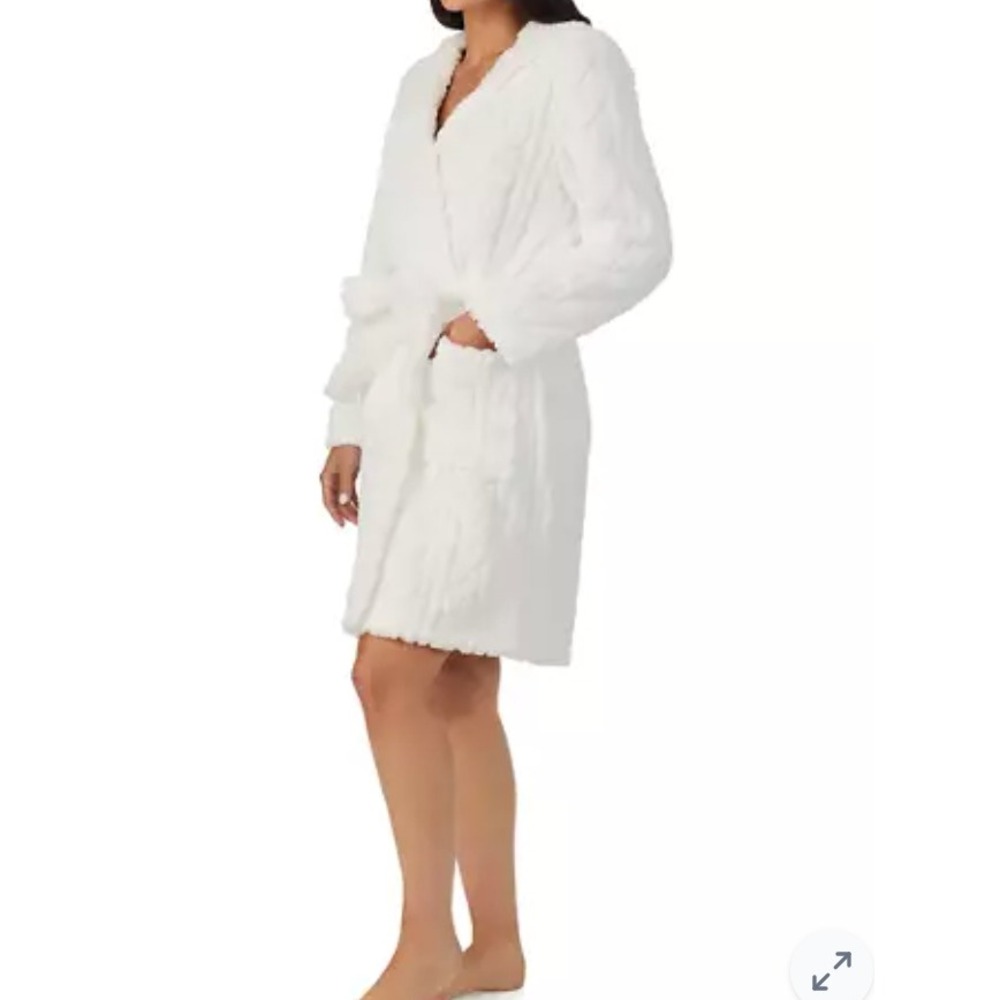 Cuddl Duds Womens Ivory White Cable Knit Faux Fur Hooded Robe Size Large NEW